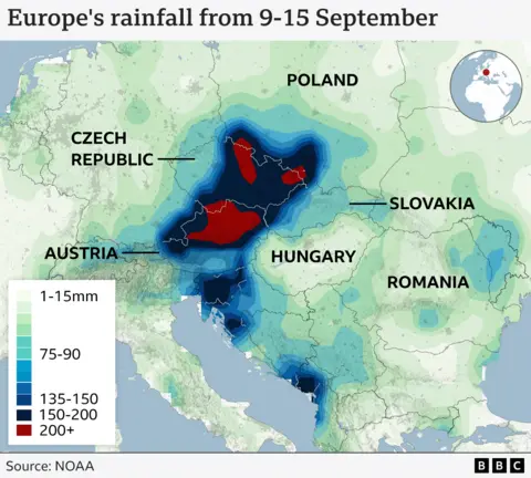 A map showing rainfall density across the affected areas of Europe/