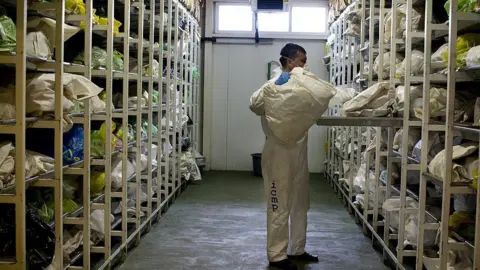 Getty Images A man seen taking a body bag from a mass fridge area