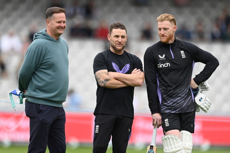 LONDON, ENGLAND - AUGUST 31: England Director of Cricket Rob Key, coach Brendan McCullum and captain Ben Stokes during the 2nd Test Match between England and Sri Lanka at Lord's Cricket Ground on August 31, 2024 in London, England. (Photo by Gareth Copley/Getty Images)