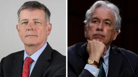 gov.uk / Reuters Composite image of Sir Richard Moore, MI6 chief, a man with short dark grey hair wearing a suit with red tie, and William Burns, head of the CIA, a man with wavy light grey hair leaning forwards with his chin on his hand, with a microphone in front of him 