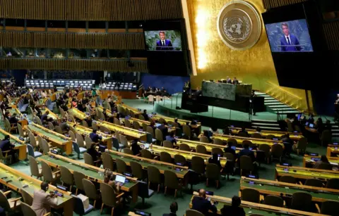 Getty Images French President Emmanuel Macron speaks during the 79th Session of the United Nations General Assembly at the United Nations headquarters in New York City on 25 September 2024