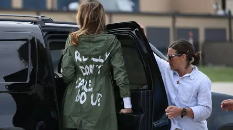 Getty Images Melania Trump wearing the Zara jacket emblazoned with “I REALLY DON’T CARE, DO U?”