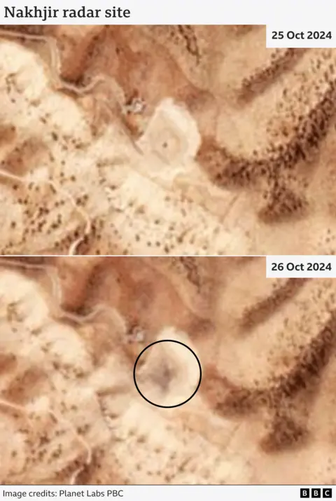 Satellite imagery showing damage to Nakhjir radar site