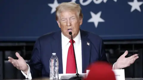 EPA Donald Trump speaking into a microphone at a campaign event