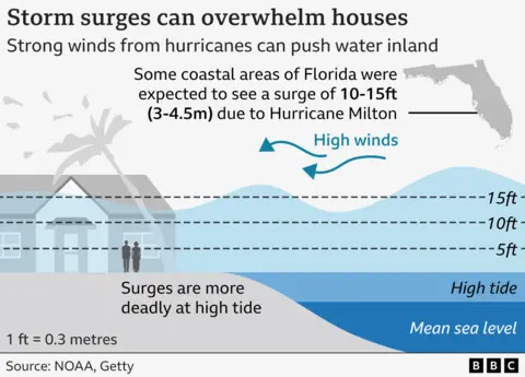 An annotated BBC graphic says "storm surges could overwhelm Florida houses", and then shows how potential waves (up to 15ft) could be almost as high as a house. The graphic points out that surges are more deadly at high tide