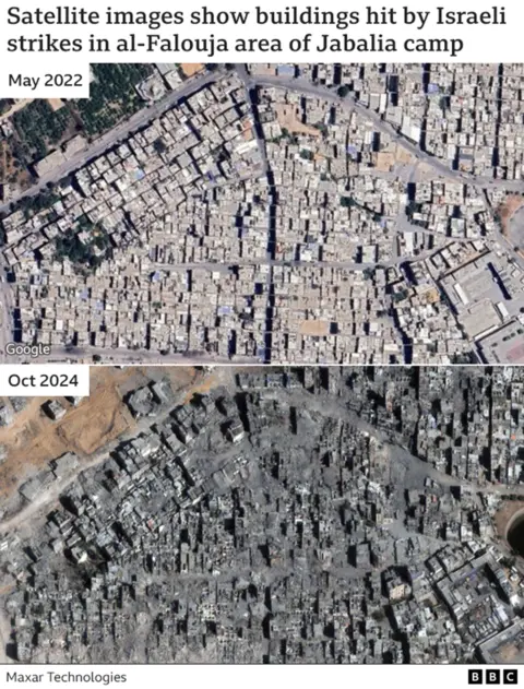 Graphic of satellite image of showing buildings hit but strikes in al-Falouja area of Jabalia camp in May 2022 and October 2024 