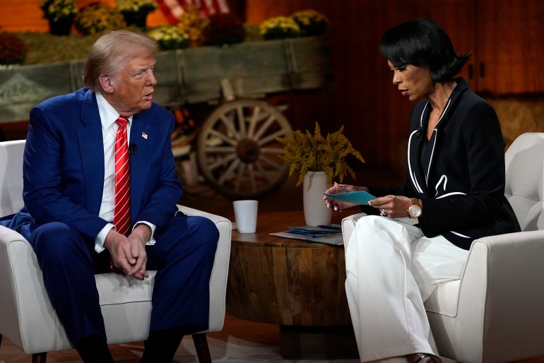 Donald Trump sits with Harris Faulkner at a Fox News studio