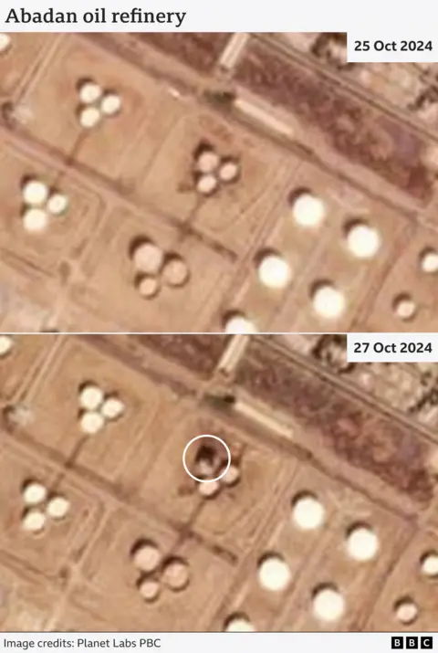 Satellite images of Abadan oil refinery showing damage to one of the storage units