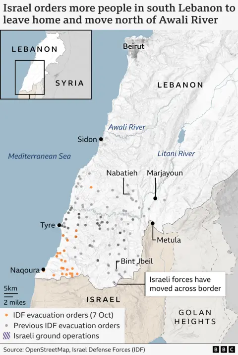 Map showing Israeli evacuation orders in southern Lebanon (7 October 2024)