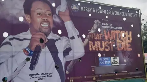 Advocacy for Alleged Witches Church billboard featuring a pastor and the message "That witch must die"