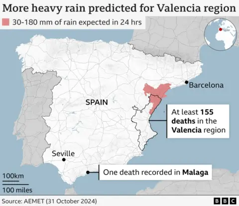 Map highlighting the affected Valencia region with a label marking the 155 deaths in the province