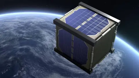 Kyoto University An illustrated image which shows the "wooden" satellite orbiting in space