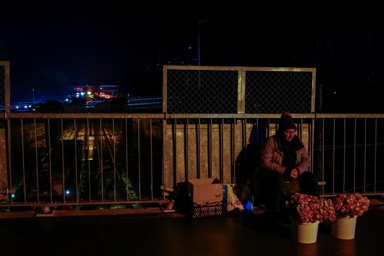 A woman sells flowers on the side of a local market during partial power-cuts, amid Russia's attack on Ukraine, in Kyiv, Ukraine, November 28, 2024. REUTERS/Alina Smutko