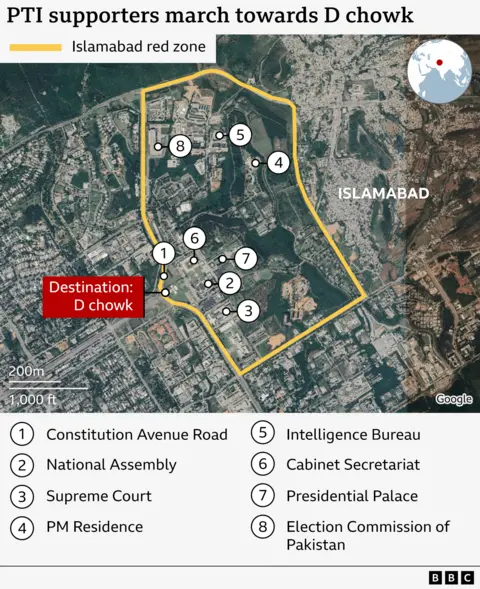 Map of protest and main points in central Islamabad