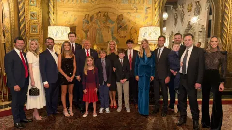 kaitrumpgolfs Donald Trump and his extended family following his victory in the 2024 US Presidential Election. L-R: Tiffany Trump and her husband Michael Boulos; Donald Trump Jr and his daughter Kai Trump; Barron Trump; Donald Trump; Chloe Trump, Tristan Trump, Spencer Trump and Donald Trump III with their mother Vanessa Trump; Ivanka Trump; Jared Kushner; Eric Trump; Techno Mechanicus Musk and his father Elon Musk; Lara Trump.