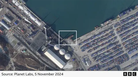 BBC  A satellite image shows a North Korean oil tanker docked at a Russian port. 