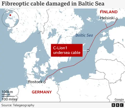 Map showing severed C-Lion 1 cable in the Baltic Sea