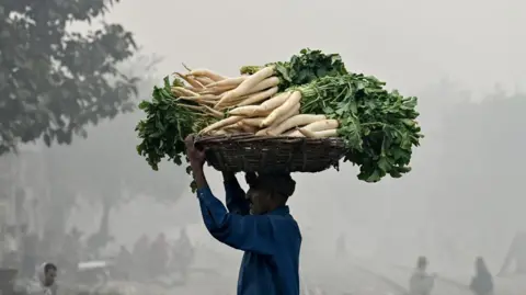 Getty A vendor carries a bucket of radishes in Lahore 