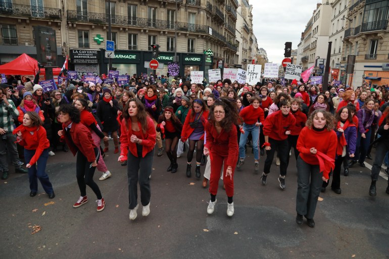 Demonstrators march against violence against women two days ahead of the International Day for the Elimination of Violence Against Women in Paris, France on November 23, 2024.  [Mustafa Yalçın / Anadolu Agency]