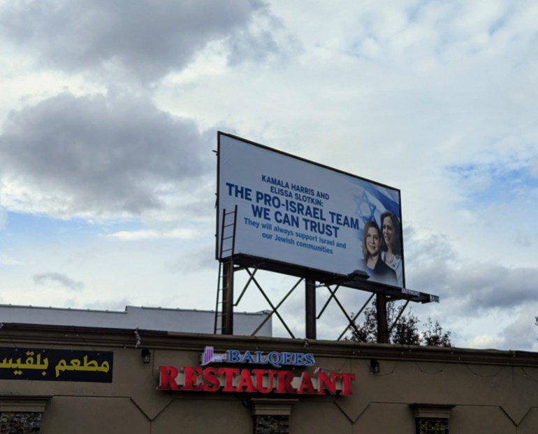 Sign that says: Kamala Harris and Elissa Slotking, the pro-Israel team we can trust