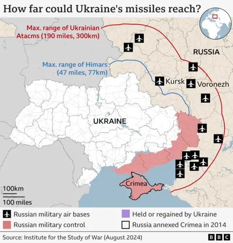 Map of areas of Russia within reach of long-range missiles