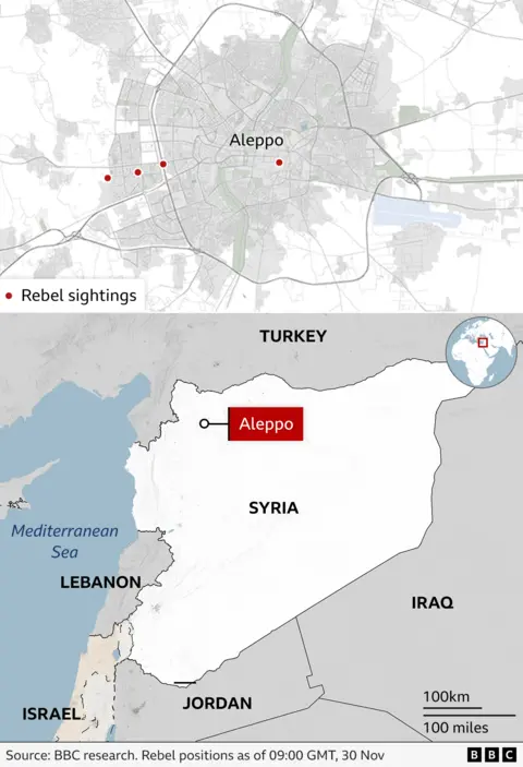 A map showing the location of Aleppo in the north-eastern part of Syria. The country's second city is near the border with Turkey.