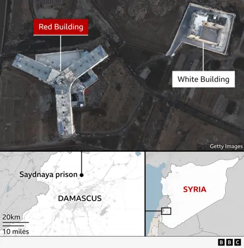 Map graphic shows Red Building prison and its location in Damascus, Syria