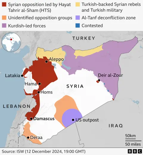 Map of Syria shaded to show who controls different areas of the country. The Syrian opposition forces, led by Hayat Tahrir al-Sham are shown to control an area to the west stretching almost from north to south which includes most of Syria's major cities. And also the area around the city of Deir al-Zour to the east. Turkish-backed rebels control areas in the north by the border with Turkey, and Kurdish-led forces control much of the north-east. 