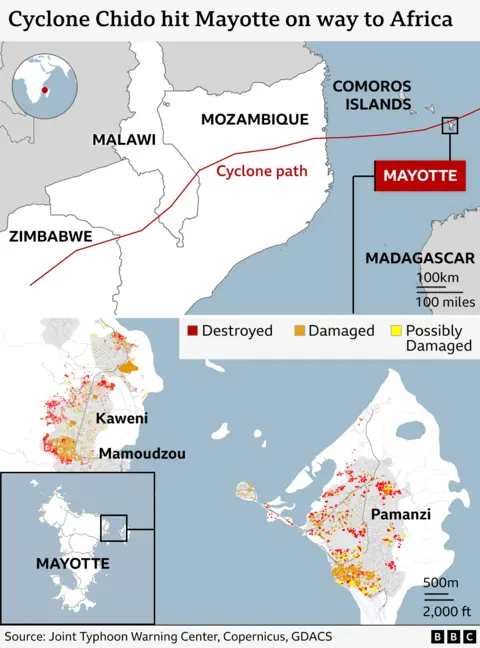 A visualised graphic shows the path of Cyclone Chido over Mayotte, Mozambique, Malawi and Zimbabwe, with dots showing destroyed and damaged sites on two islands in the Mayotte archipelago 