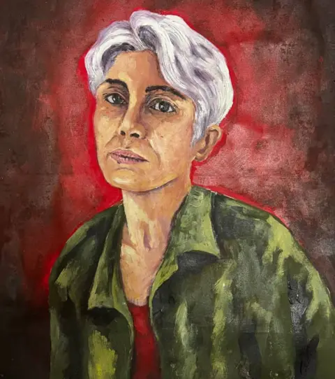 UGC A painting of Pakhshan Azizi shows her with short grey hair, wearing a green shirt with a red top underneath it. She looks thoughtful. The background is deep red.  