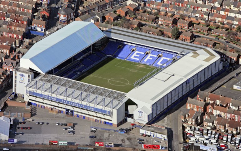 LIVERPOOL, ENGLAND - FEBRUARY 20: Terraced housing surrounds Everton Football Club's Goodison Park Ground in this aerial photo taken on February 20, 2006 above Liverpool, England. (Photo by David Goddard/Getty Images)