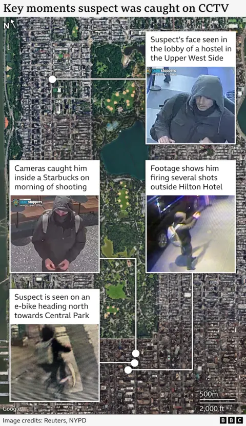 A graphic showing where CCTV footage caught images of the suspect