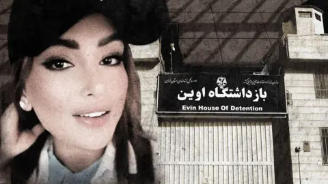 BBC A composite image showing Nasim wearing a baseball cap, with Evin prison in the background. Nasim is wearing make-up and her hair can be seen. The sign on the prison reads Evin House of Detention. The image has been treated so that it has a greyish hue. 