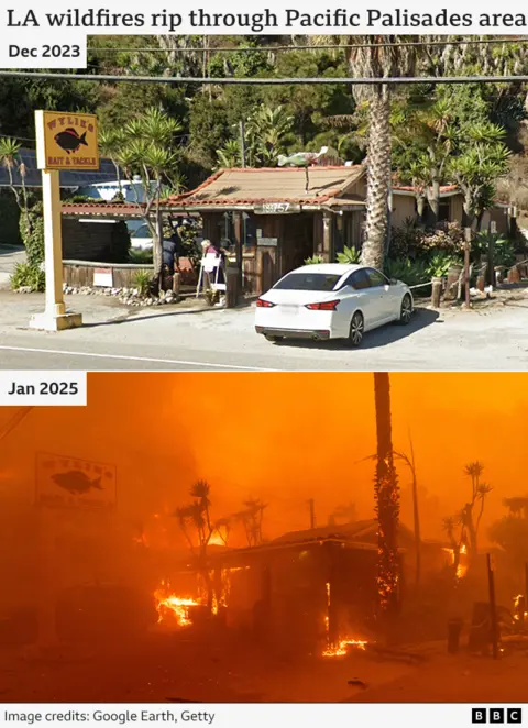 A before and after composite showing two images of the exterior of a bait and tackle shop in the Palisades area. The photo above is from December 2023. The photo below is from the January 2025. It shows flames engulfing the hut-like structure but the shop sign remains visible.