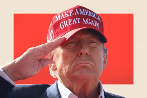 Getty Images A close up of Donald Trump saluting while wearing a red hate with the words 'Make America Great Again'