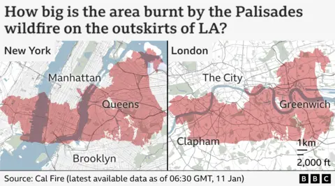 Side-by-side comparison map that places the Los Angeles area affected by the Palisades Fire as of 11 January on to maps of New York (left) and London (right).