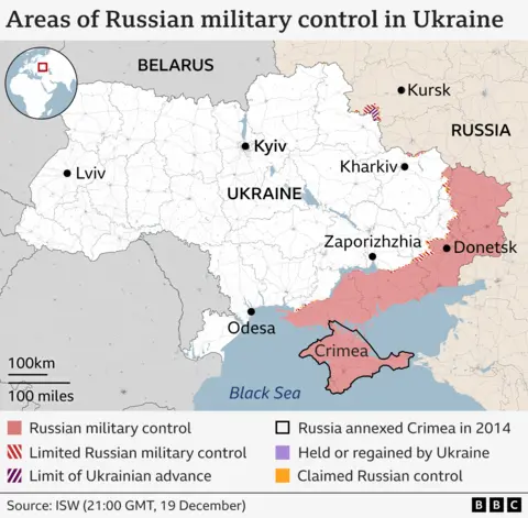 Map showing which areas of Ukraine are under Russian military control or limited Russian control. Military control includes Crimea and Donetsk