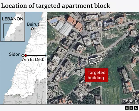 Map showing the location of the targeted apartment building - it shows a zoomed in location of where it was within Ain El Delb, and a zoomed out location of Ain El Delb - close to Sidon, and well south of Beirut.