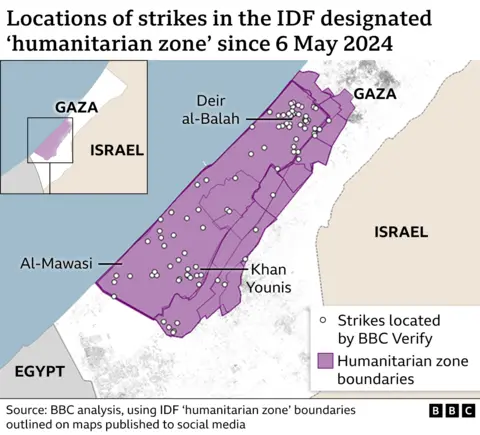 Locations of strikes in the IDF designated "humanitarian zone" since 6 May 2024, according to BBC analysis.