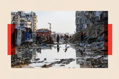 Getty Images Displaced Palestinians walk around a puddle in front of destroyed buildings and tents in Khan Yunis in the southern Gaza Strip in May 2024