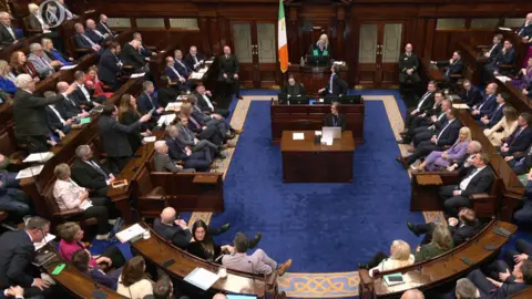 RTE Wide shot of the Dáil with TDs in benches and an Irish flag and protests as the speaker stands up n her chair. 