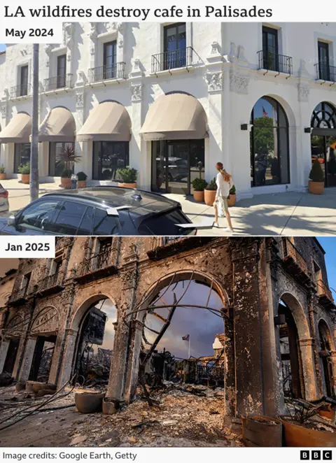 A before and after composite showing two images of a smart cafe in the Palisades area. The photo above is from May 2024 and shows a bright white building with large arched windows and tan awnings. The photo below is from January 2025. It shows the charred remains of the arched structure with the glass and awning destroyed.