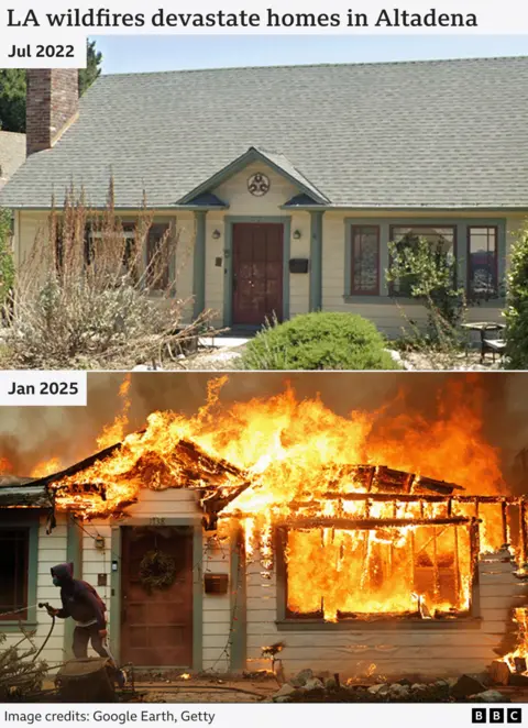 A before and after composite showing two images of the exterior of a house in Altadena, California. The photo above is from July 2022. The photo below is from the 8th of January 2025. It shows a person using a garden hose in an effort to save the house from catching fire during the Eaton Fire.