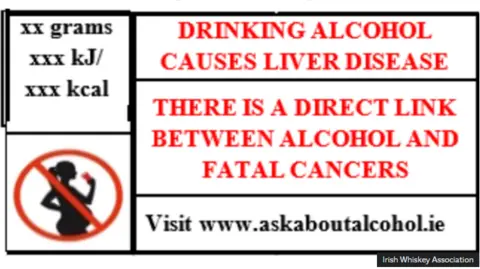 Irish Whiskey Association A warning label that suggests alcohol causes liver disease and cancer