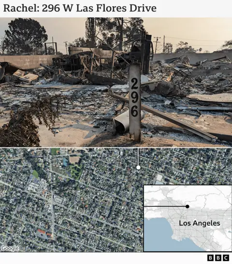 A graphic of a map and a photo of the destroyed home of Rachel