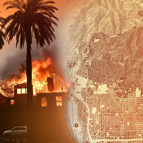 BBC A treated image that shows a house burning behind a palm tree next to a map of Los Angeles