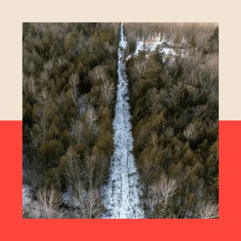 Reuters Birds eye view of the border between Canada and the US. There is a 6 metre wide path lightly covered in snow and trees on either side.