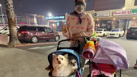 Christal Hayes Anna Waldman gestures a peace sign as she stands with her belongings and three dogs in a trolley. 